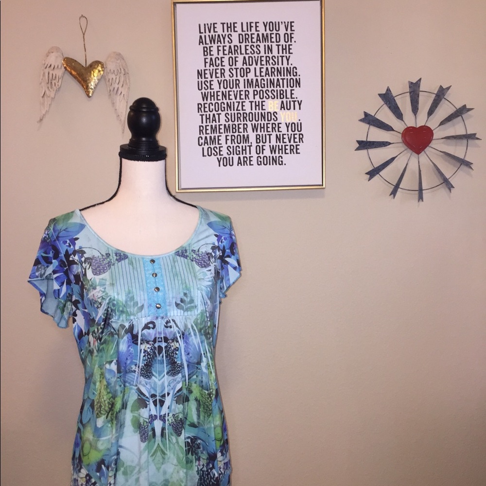 Blue Cap Sleeve Buttoned Blouse